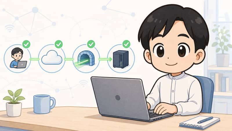ぽん助がパソコンでCloudflare Tunnelの経路を確認しているイラスト