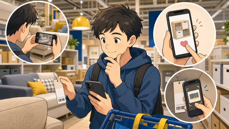 気になった商品を写真やアプリで記録する流れ
