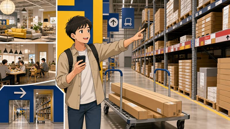 商品倉庫で列と棚を確認して家具をピックアップする流れ