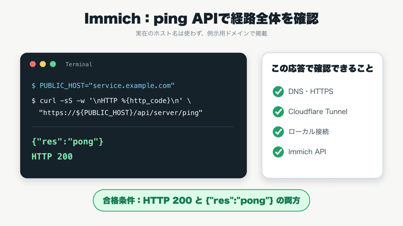 service.example.comを使ったImmich ping APIテストとHTTP 200、pongの合格条件