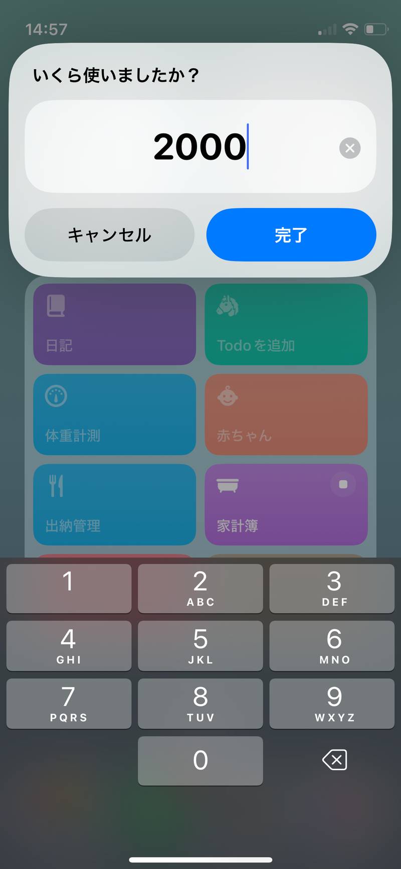 ショートカットを実行し、いくら使ったか入力します