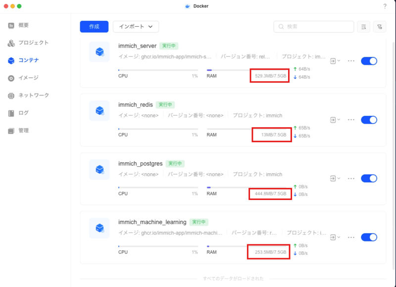 起動後、コンテナが4個立ち上がる