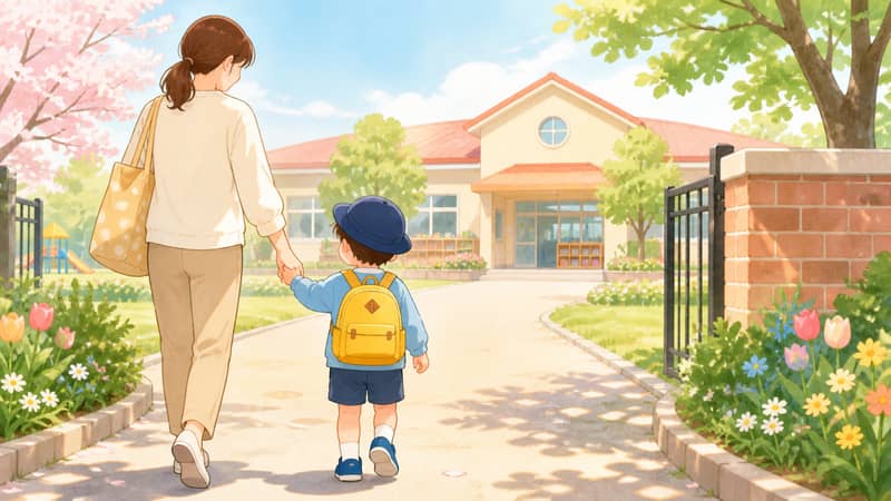 幼稚園へ向かう親子