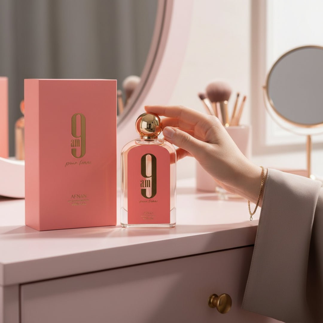 9 AM Pour Femme Afnan minyak wangi feminine vanity malaysia, hadiah romantik untuk girlfriend, pink soft lighting