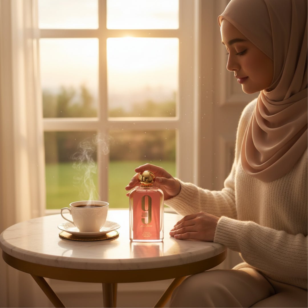 minyak wangi wanita 9 AM Afnan pagi malaysia hijabi dengan sinar matahari lembut, hadiah untuk isteri, morning glow scene