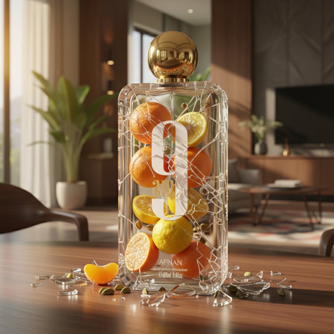 9AM Afnan unisex fragrance fresh citrus aromatic long lasting scent Malaysia - fruit design on a table in a modern living room
