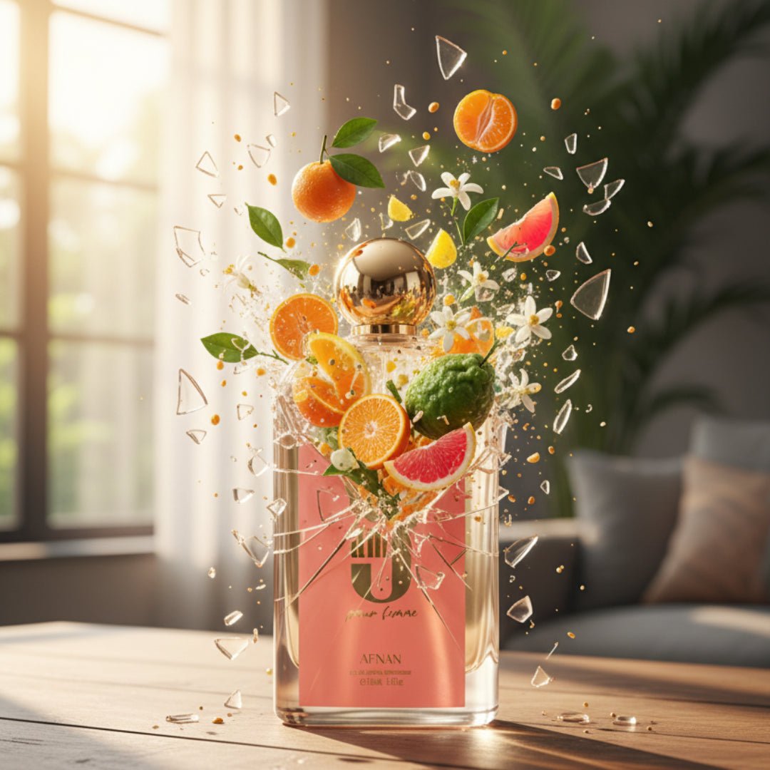9 AM Pour Femme 100 ml EDP by Afnan &ndash; Perfume bottle with fruit-themed design on a table with a blurred background