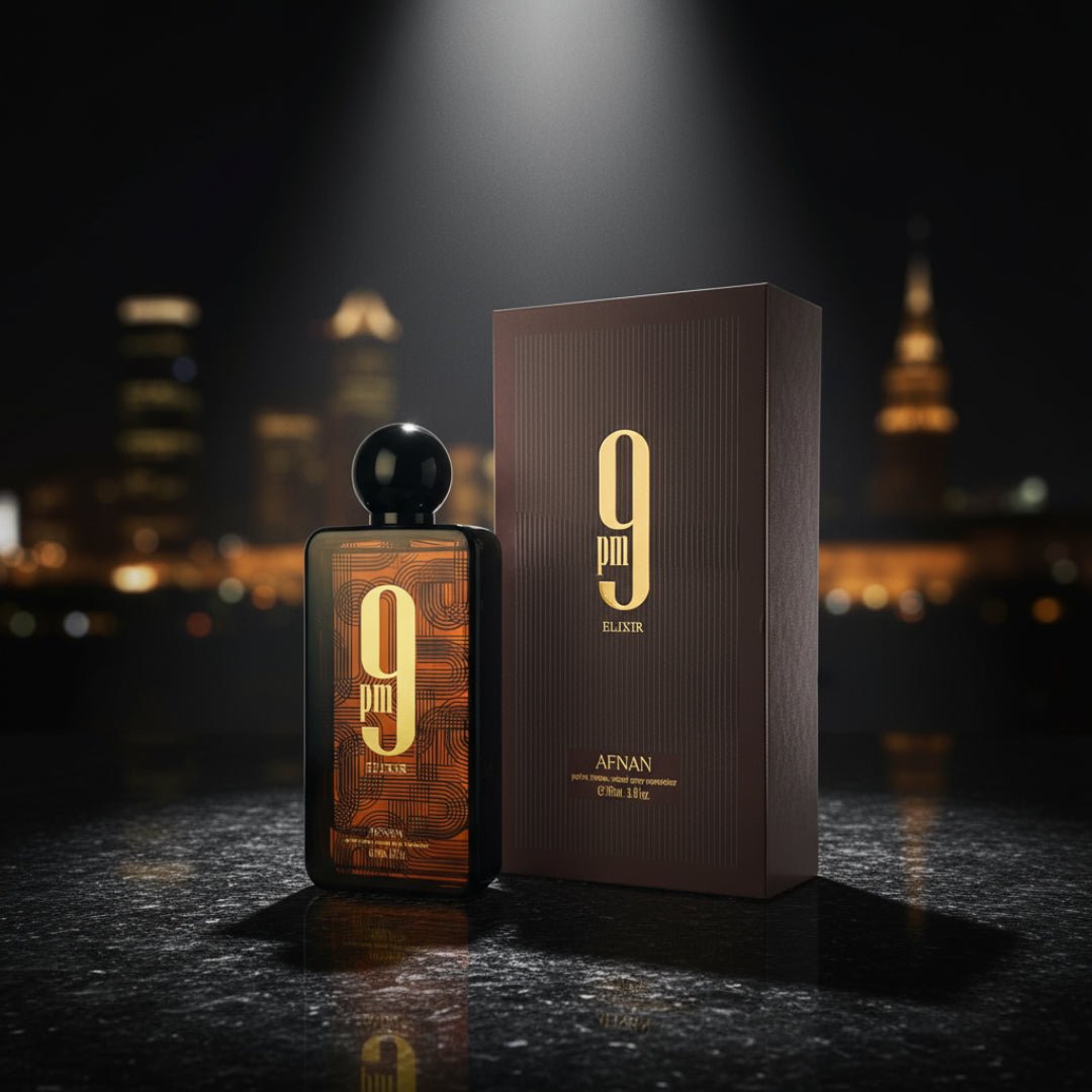 9PM Elixir Afnan perfume lelaki atas batu granit hitam, spotlight dramatic, gaya maskulin malam Malaysia