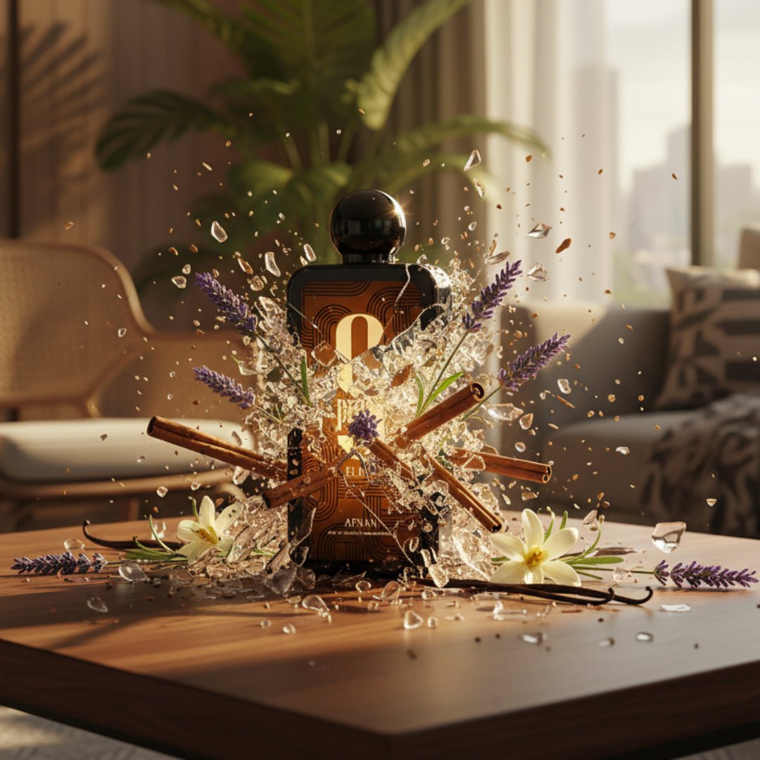 Botol 9PM Elixir Afnan Decanter of Apeiron brand with floral elements on a wooden surface