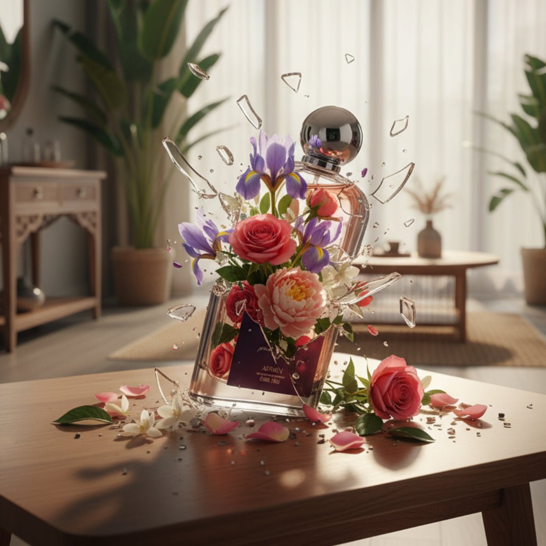 Botol 9PM Pour Femme Afnan wangian wanita viral - Glass perfume bottle with flowers on a wooden table in a bright room