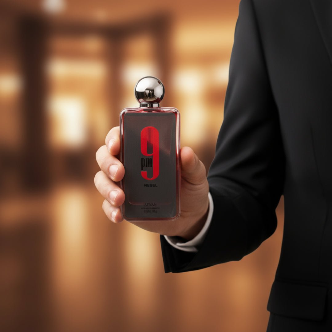 lelaki Malaysia suit hitam pegang Afnan 9 PM Rebel gaya mewah