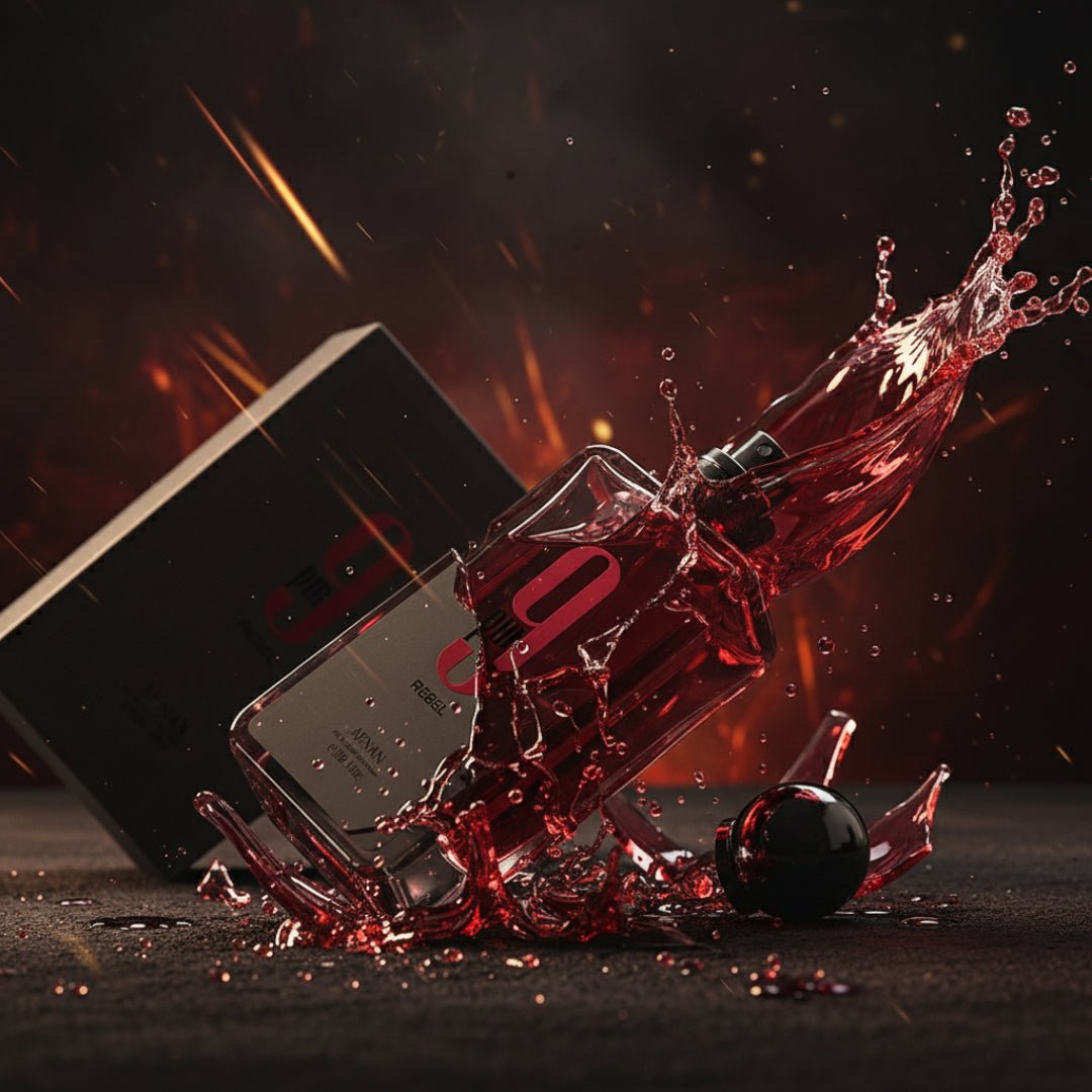 botol Afnan 9 PM Rebel jatuh dengan efek kaca pecah gaya dramatik
