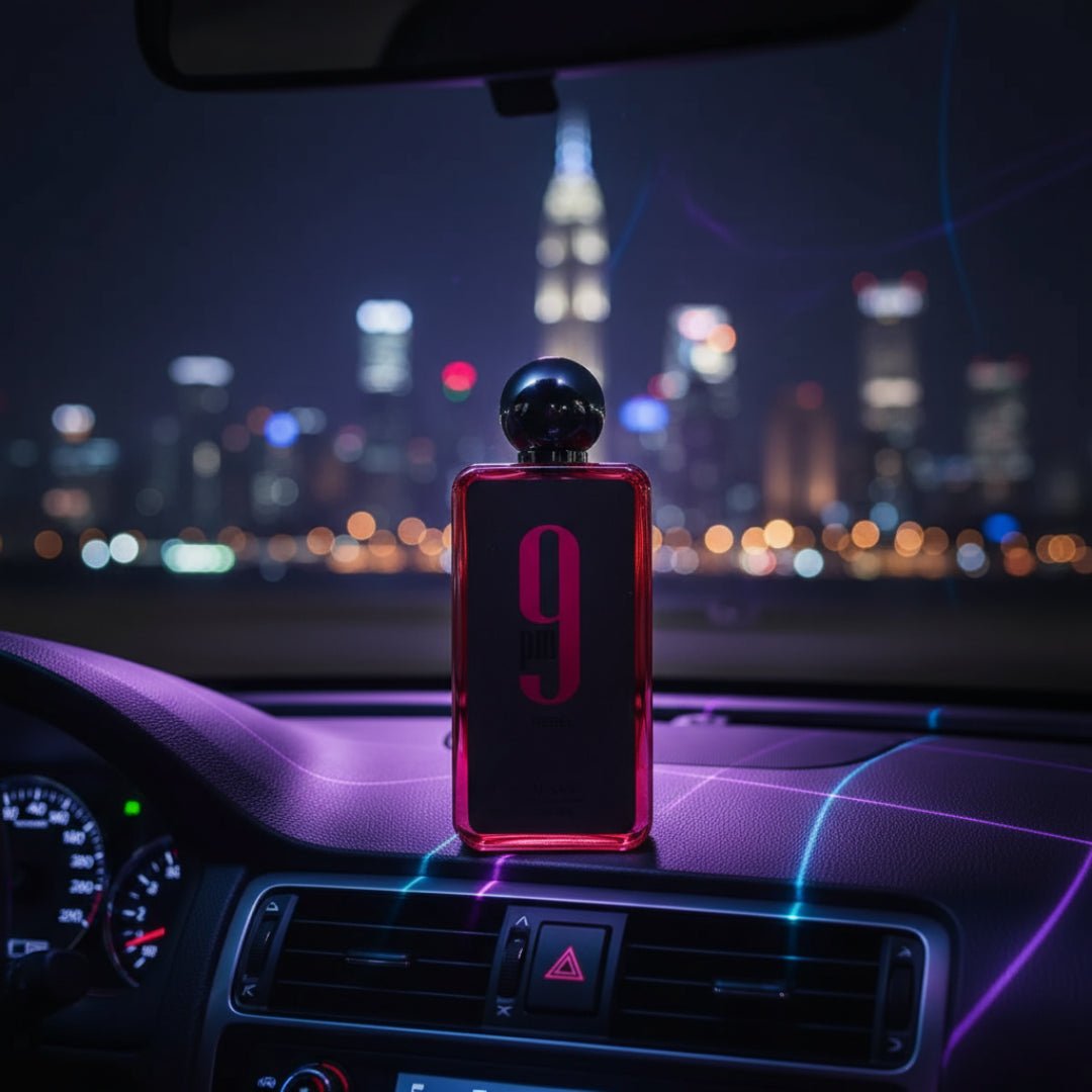 perfume Afnan 9 PM Rebel di dashboard kereta malam dengan lampu neon bandar Malaysia gaya maskulin