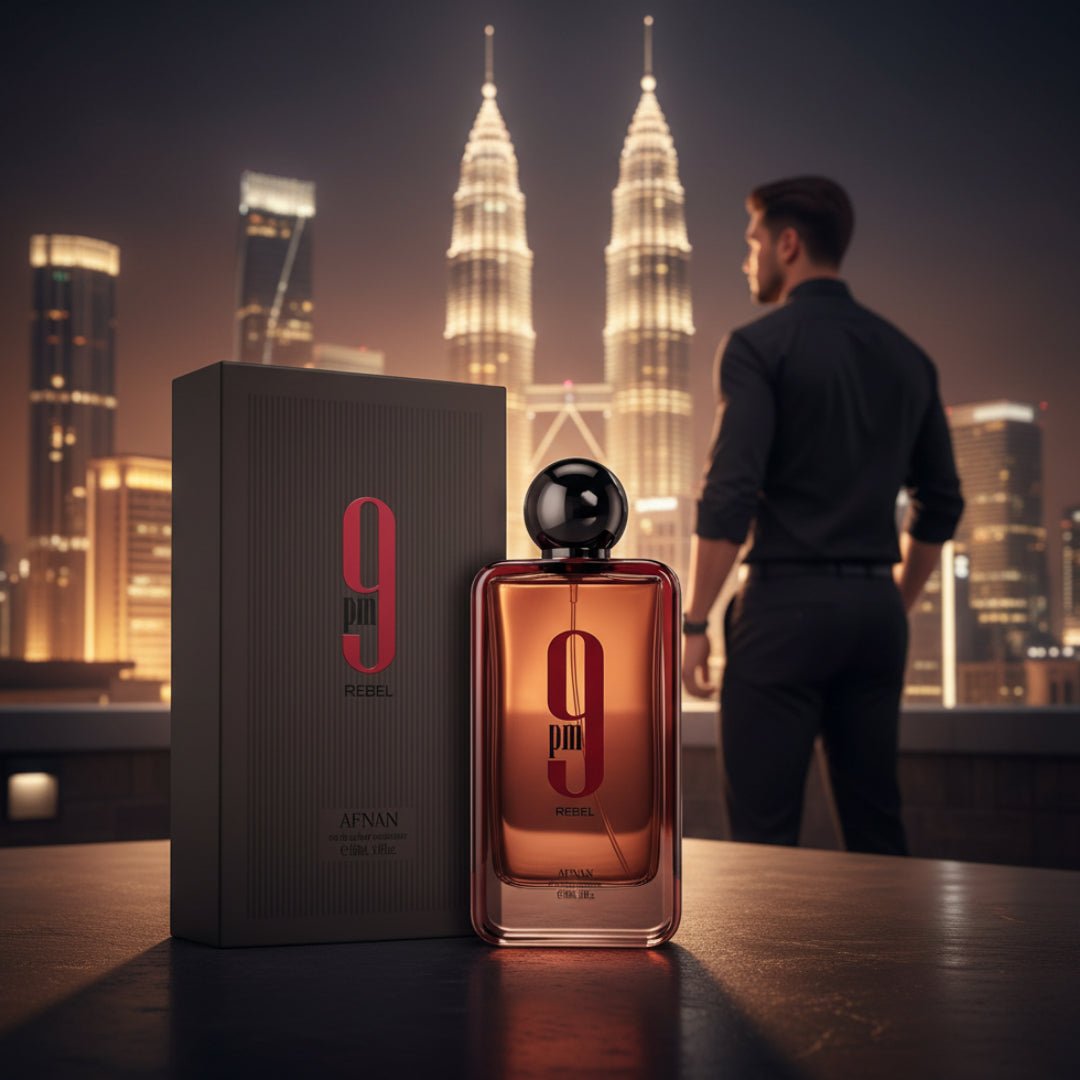 botol Afnan 9 PM Rebel di rooftop Kuala Lumpur dengan lelaki Malaysia gaya confident malam