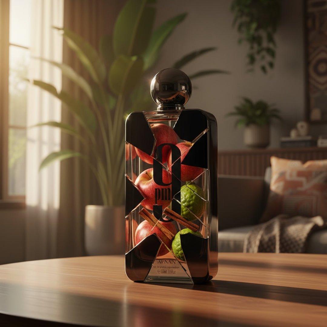 Afnan 9PM 100ml Perfume bottle with fruit design on a wooden table in a living room setting