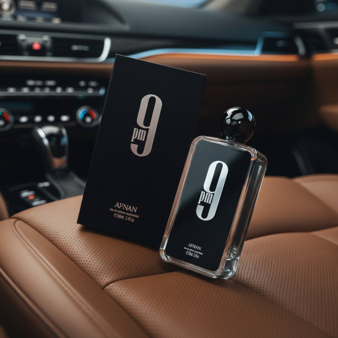 Afnan 9PM EDP perfume bottle on leather car seat luxury men fragrance Malaysia