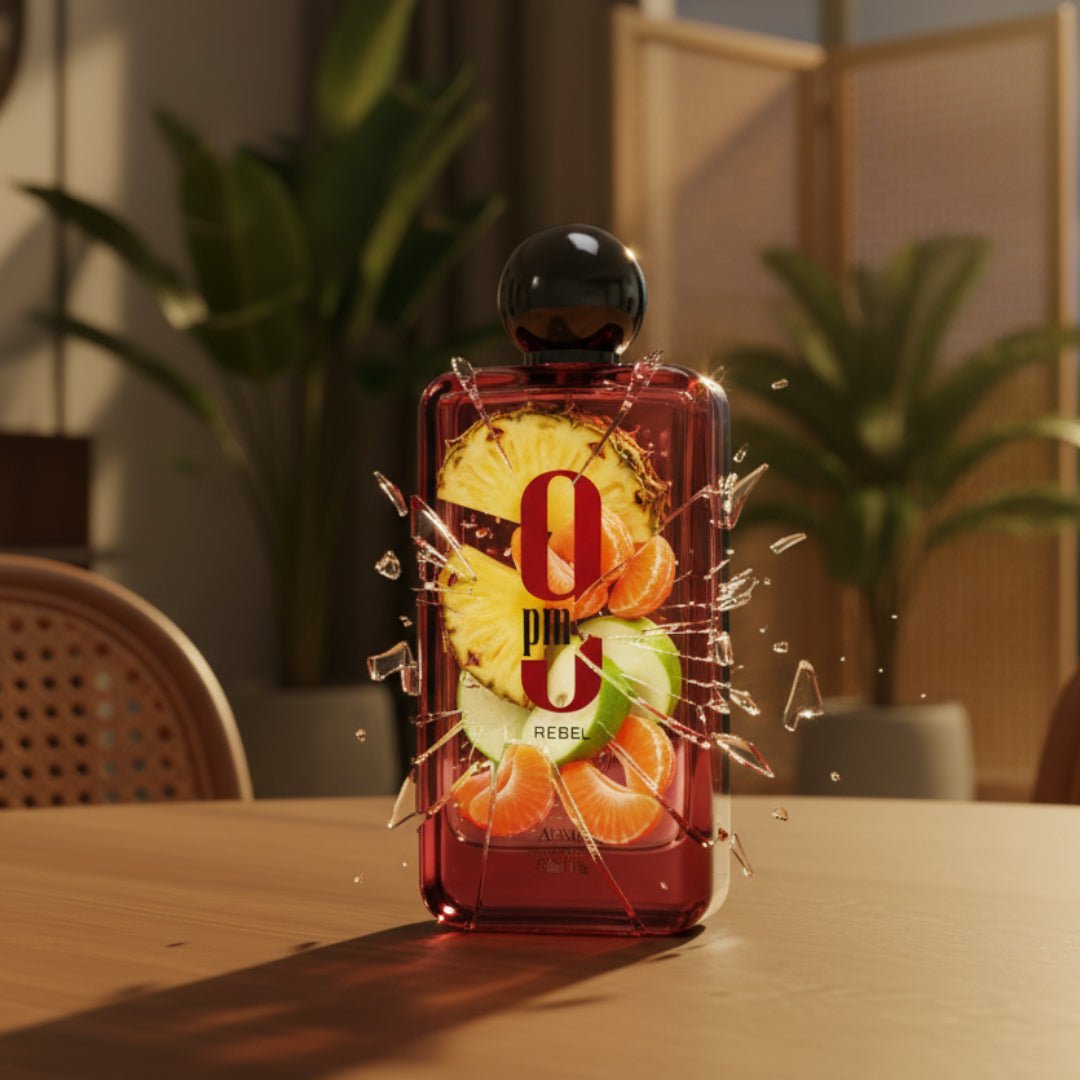 Bottle of 9pm Rebel on a wooden table with plants in the background