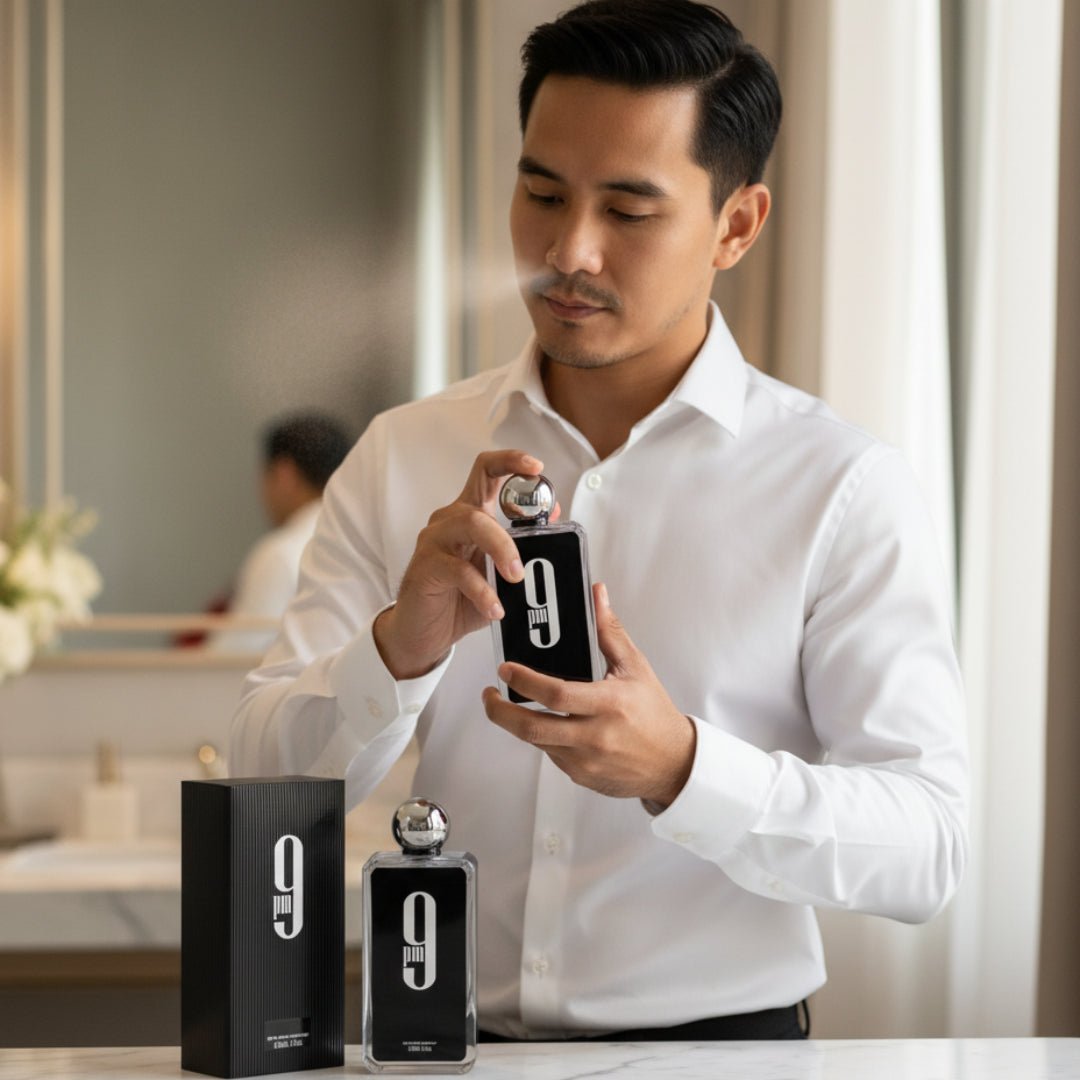 Malay man in white shirt with Afnan 9PM EDP perfume on marble men scent Malaysia