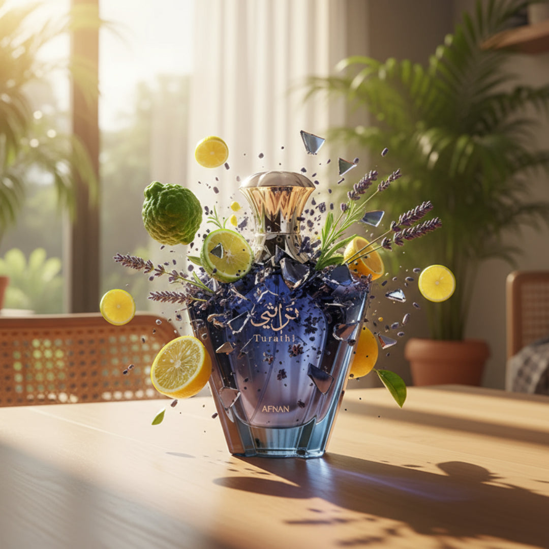 Afnan Turathi Blue men perfume Malaysia &ndash; Blue perfume bottle with silver cap on a white background