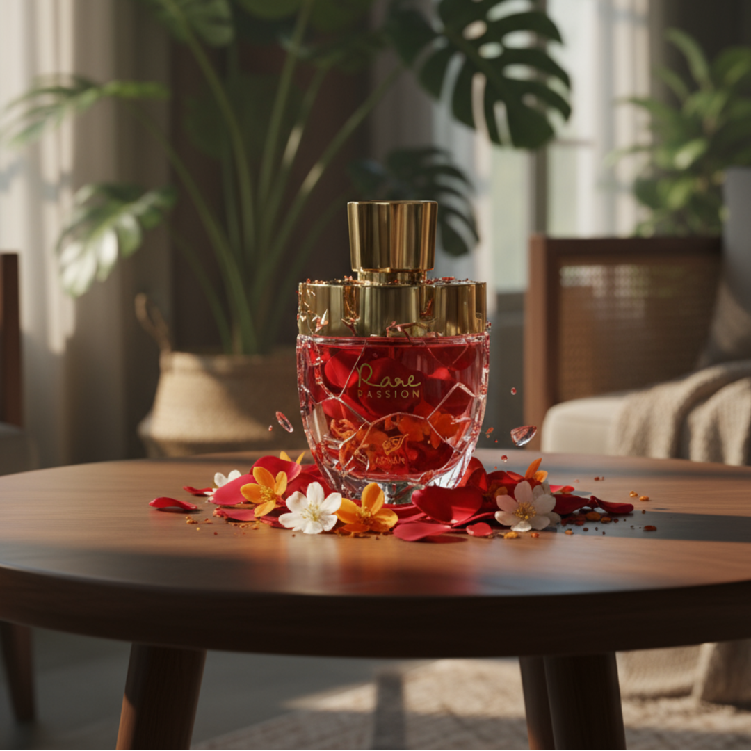 Beli perfume Rare Passion original Malaysia &ndash; Perfume bottle with floral decorations on a wooden table in a home setting