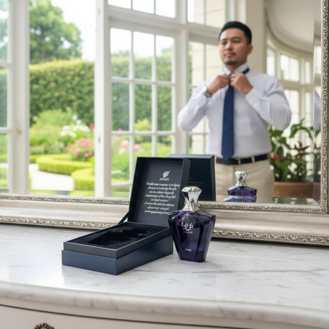Haruman premium Turathi Blue Afnan &ndash; Man adjusting his tie in front of a mirror with a blue perfume bottle and packaging on a table.