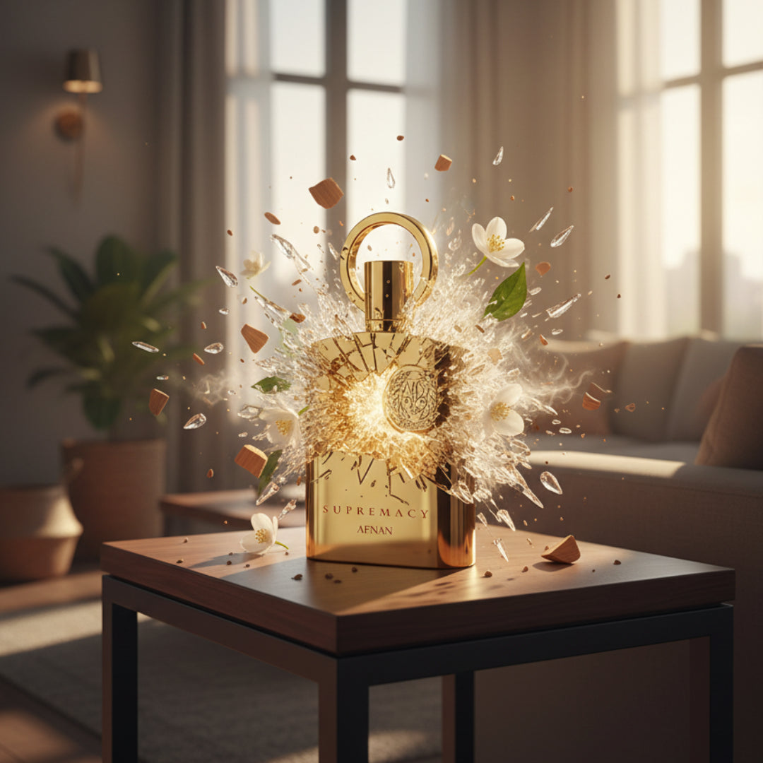 Kotak Supremacy Gold by Afnan perfume original - Perfume bottle with floral elements on a table in a bright room