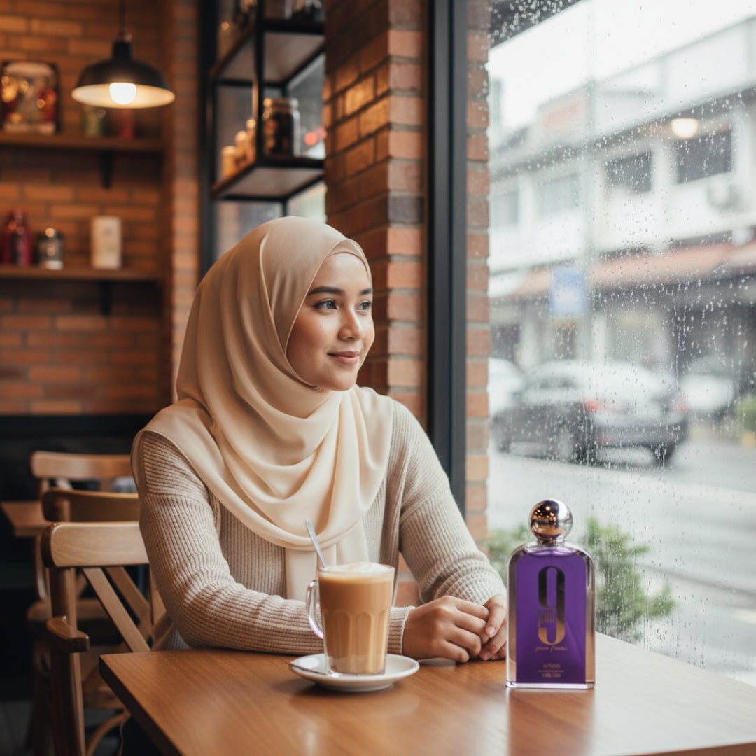 hijabi woman soft romance rainy café Malaysia with perfume on table warm cozy scene