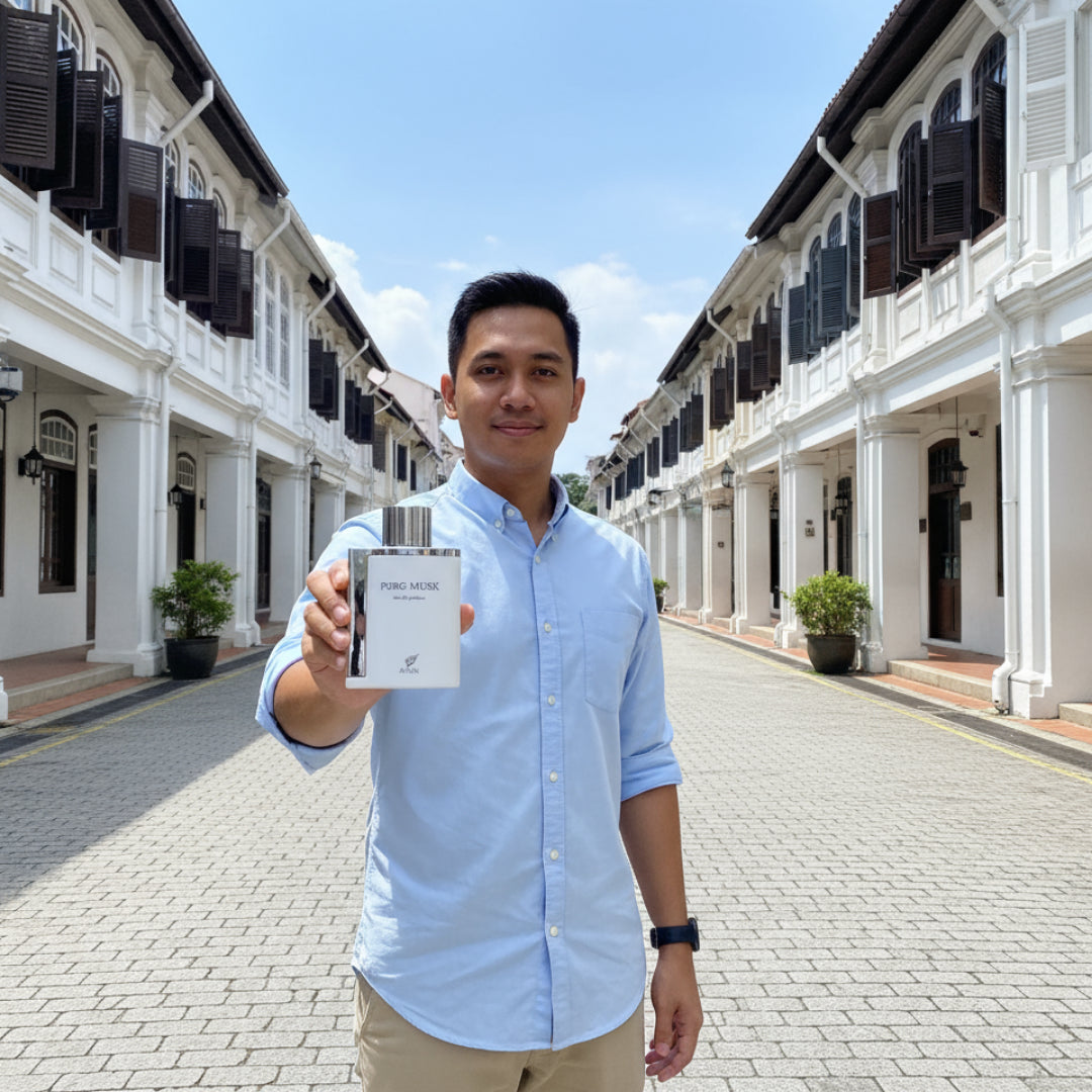 Pure Musk Afnan with Malay man at Penang Georgetown white heritage street clean vibe