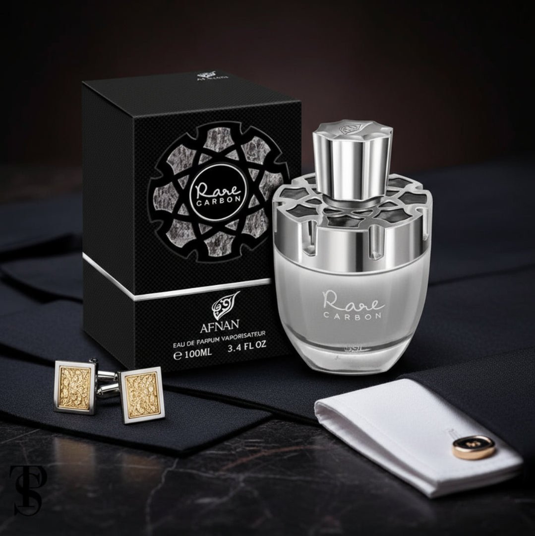 Rare Carbon Afnan perfume dengan suit lelaki dan cufflinks, gaya formal elegan Malaysia
