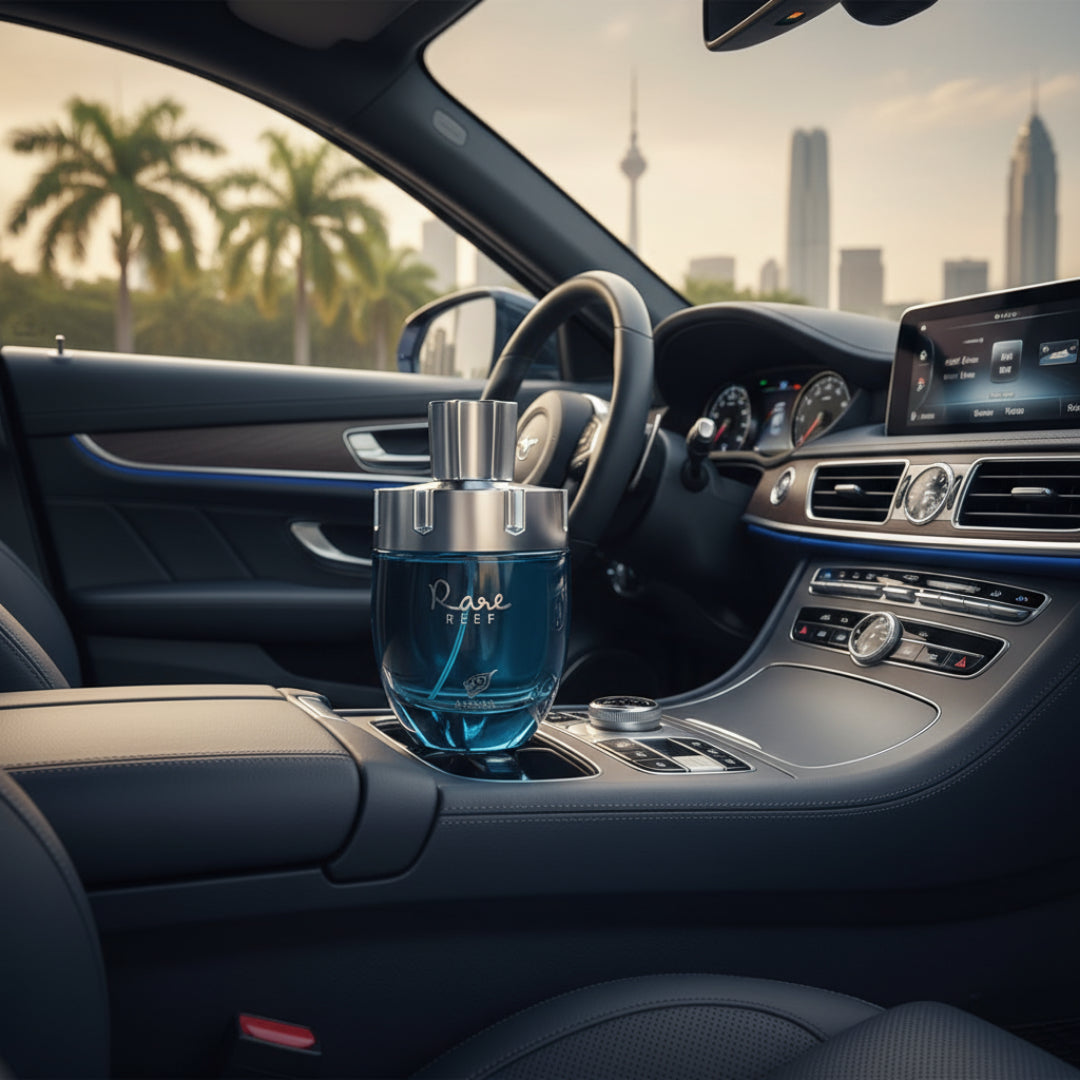 Rare Reef Afnan men perfume in blue car interior, fresh aquatic masculine malaysia