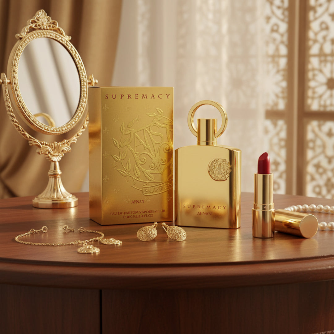 setup meja solek wanita Malaysia dengan Supremacy Gold Afnan