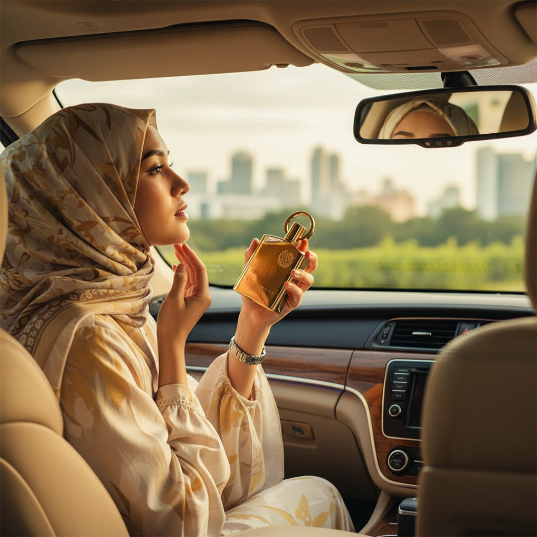 wanita Malaysia berhijab sembur Supremacy Gold dalam kereta