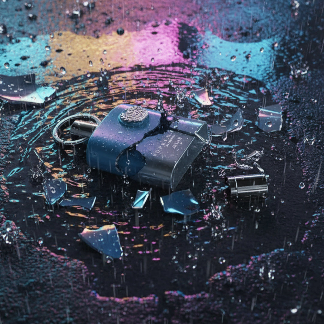 Supremacy Incense unisex broken bottle in rainy puddle, neon reflection malaysia cinematic look
