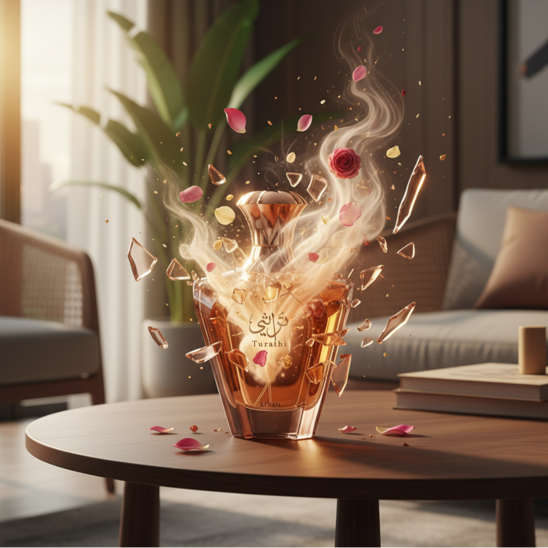 Turathi Brown 100 ml EDP by Afnan &ndash; Glass of Tursihi brand drink with decorative elements on a table in a living room setting