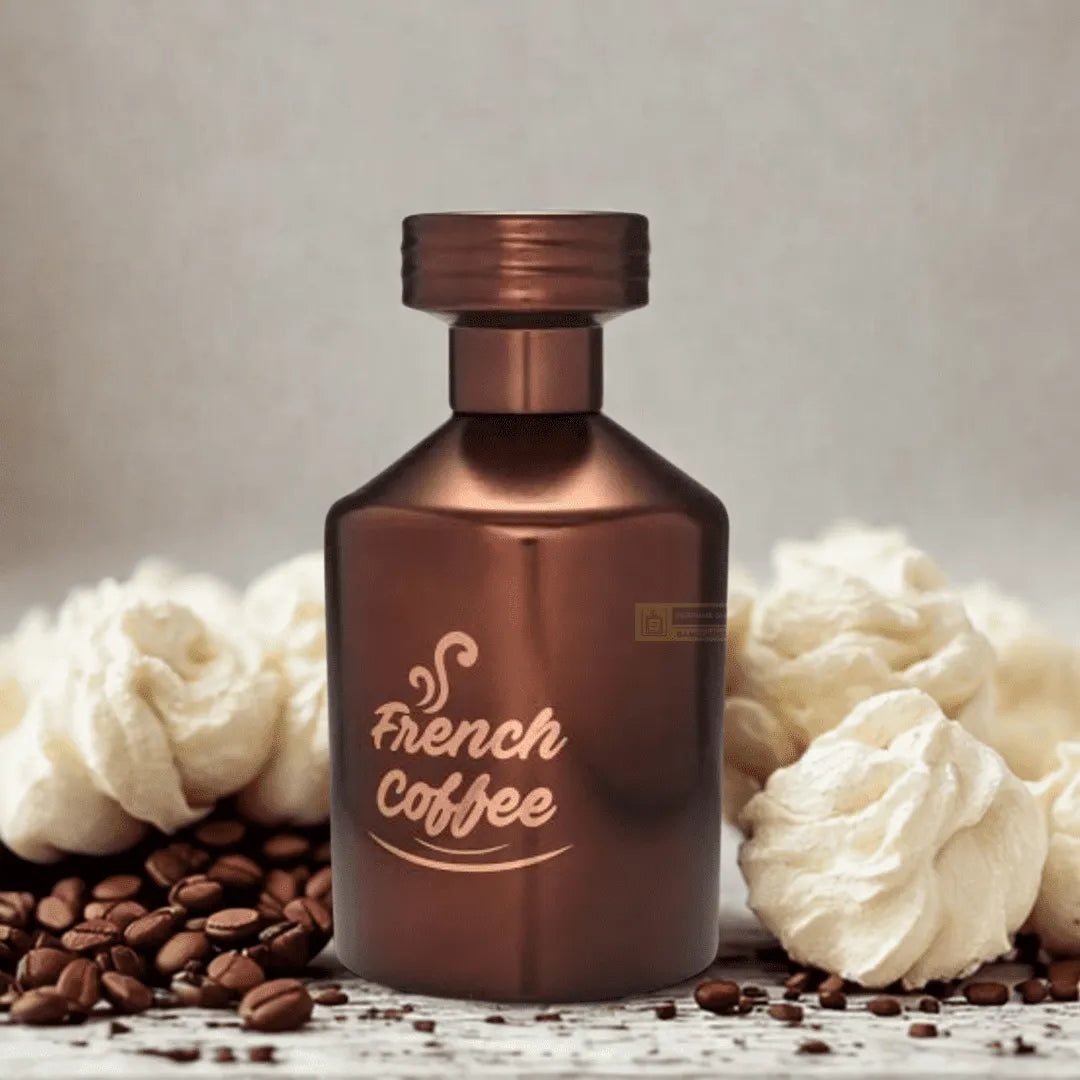 Bronze bottle labeled 'French Coffee' with coffee beans and white flowers on a light background
