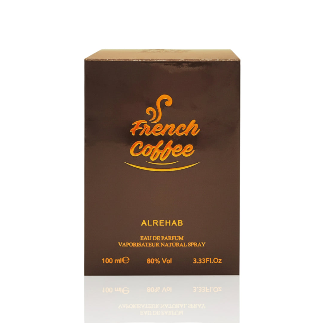 Brown box of French Coffee perfume with orange text on a white background