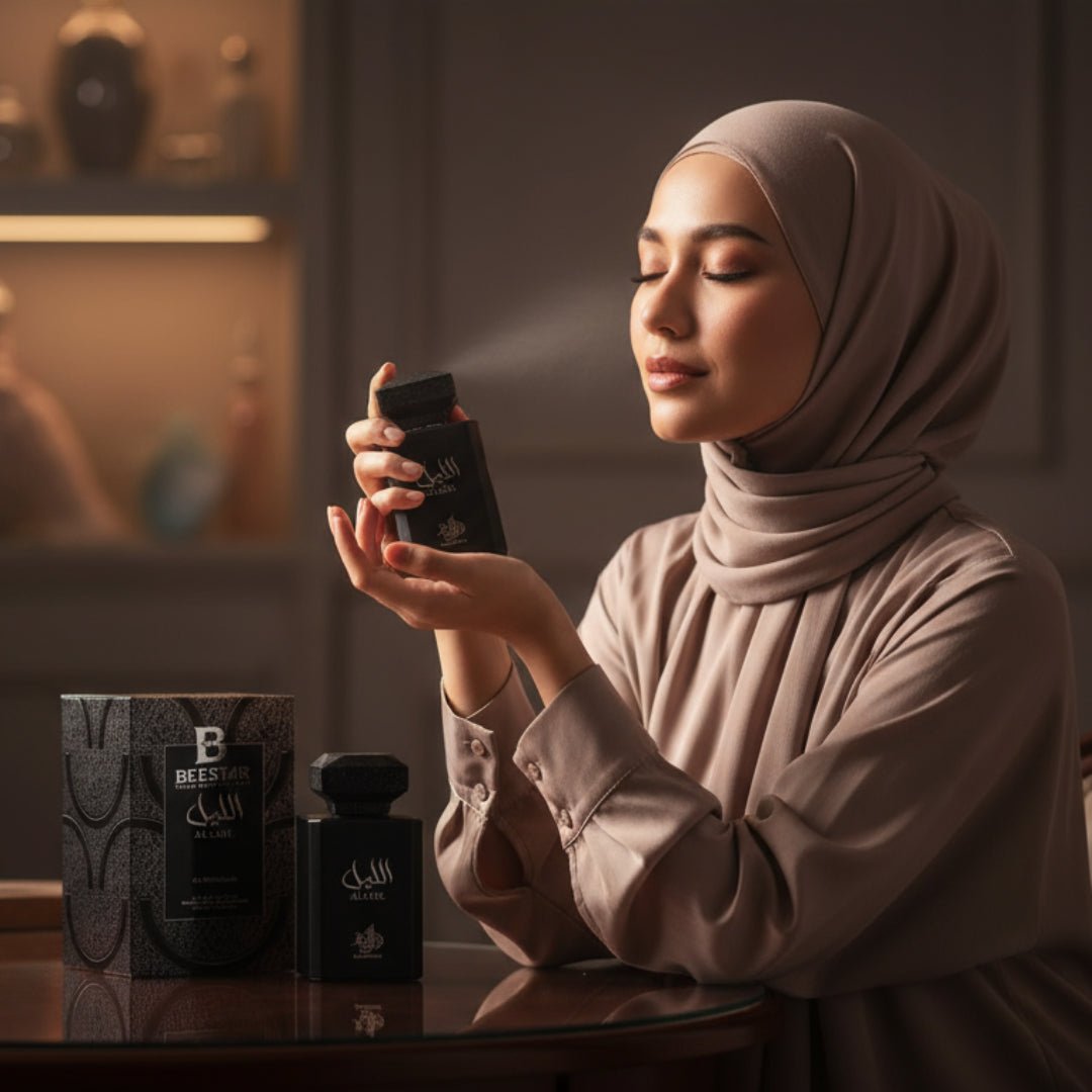 Black perfume bottle and packaging with 'Beestar Al Layl' branding on a white background
