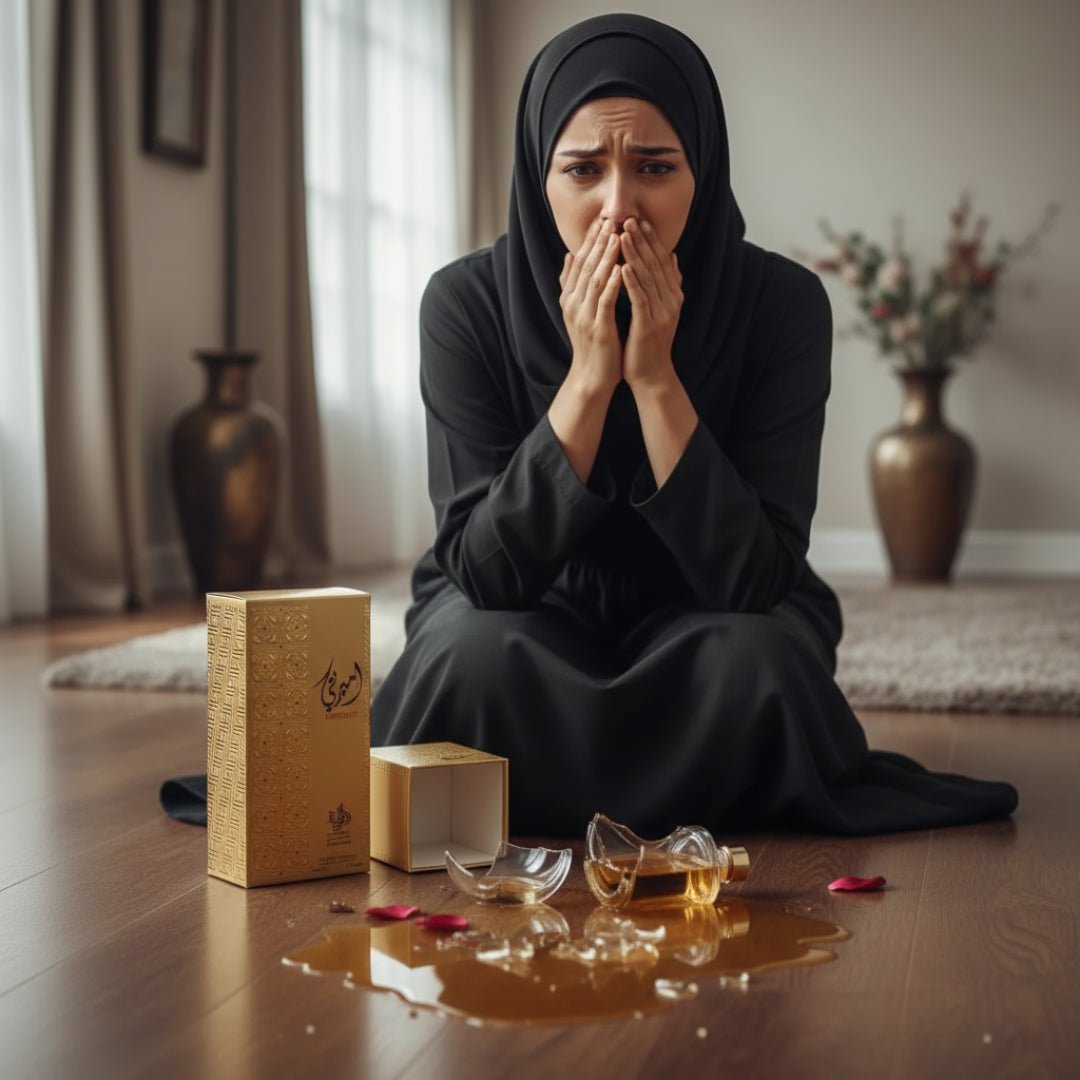 Gold perfume box with intricate patterns and branding on a white background