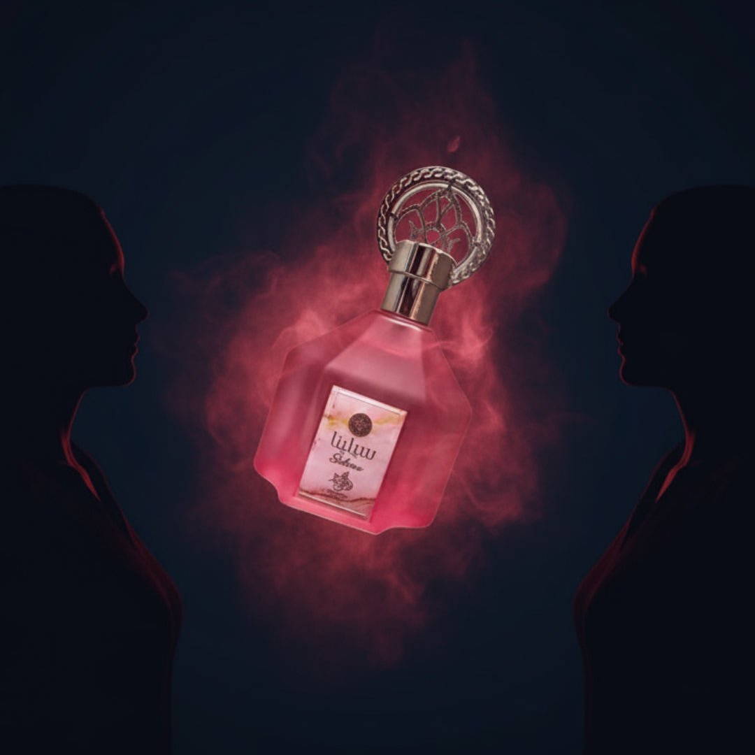 Pink perfume bottle with decorative cap and pink packaging on a white background