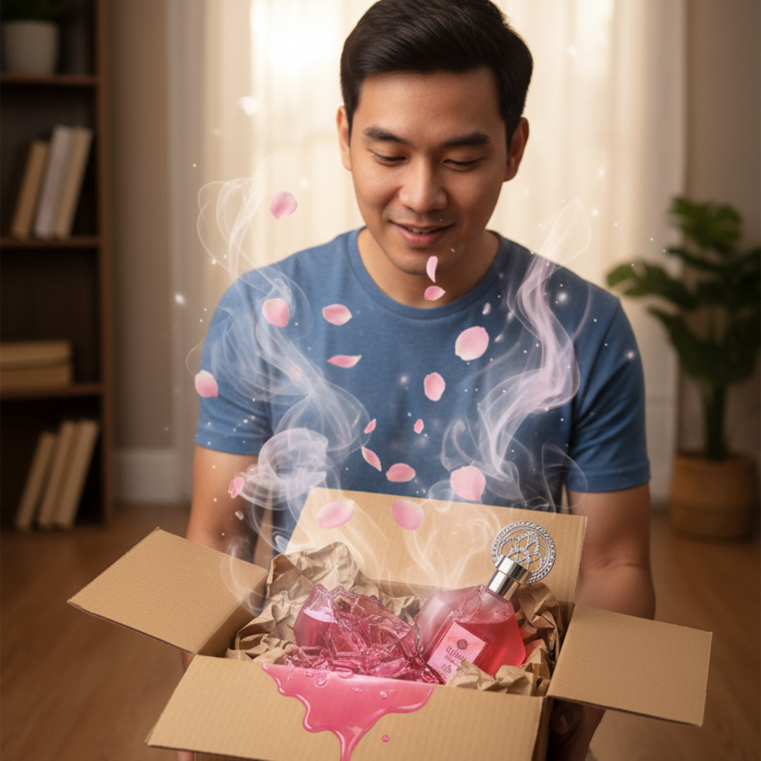 Red perfume bottle with silver cap on a white background