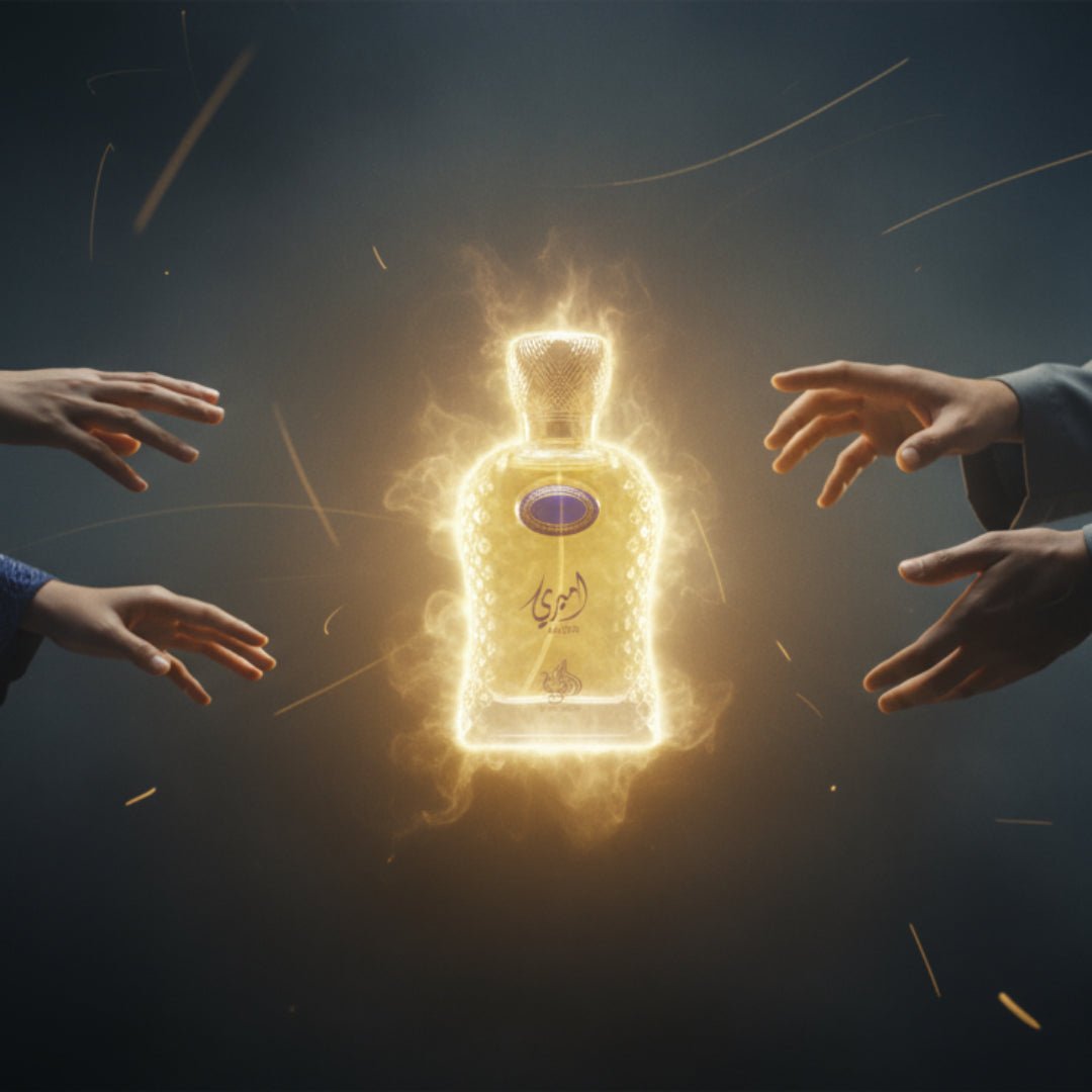 Perfume bottle with a gold cap and clear body on a white background