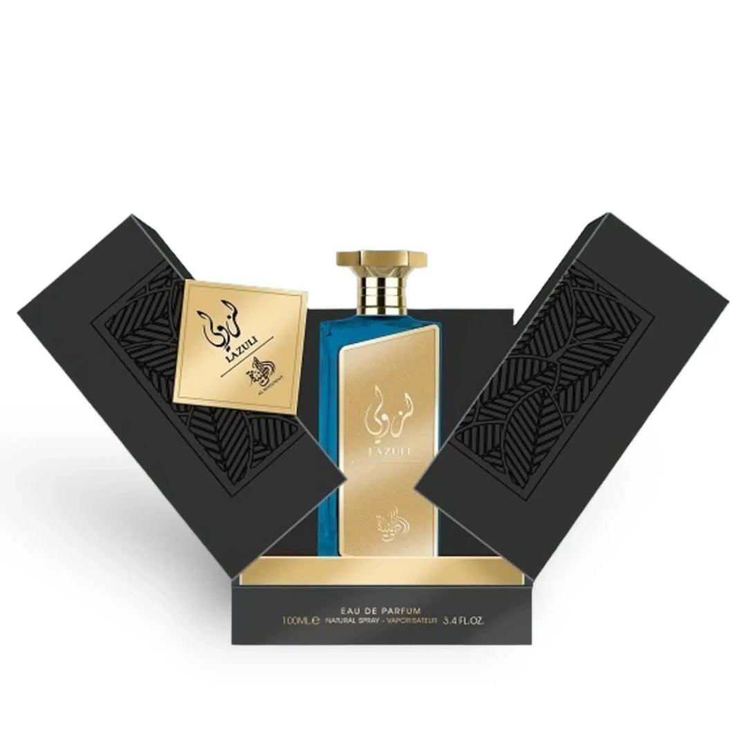 Perfume bottle with gold and blue design in an open black box on a white background