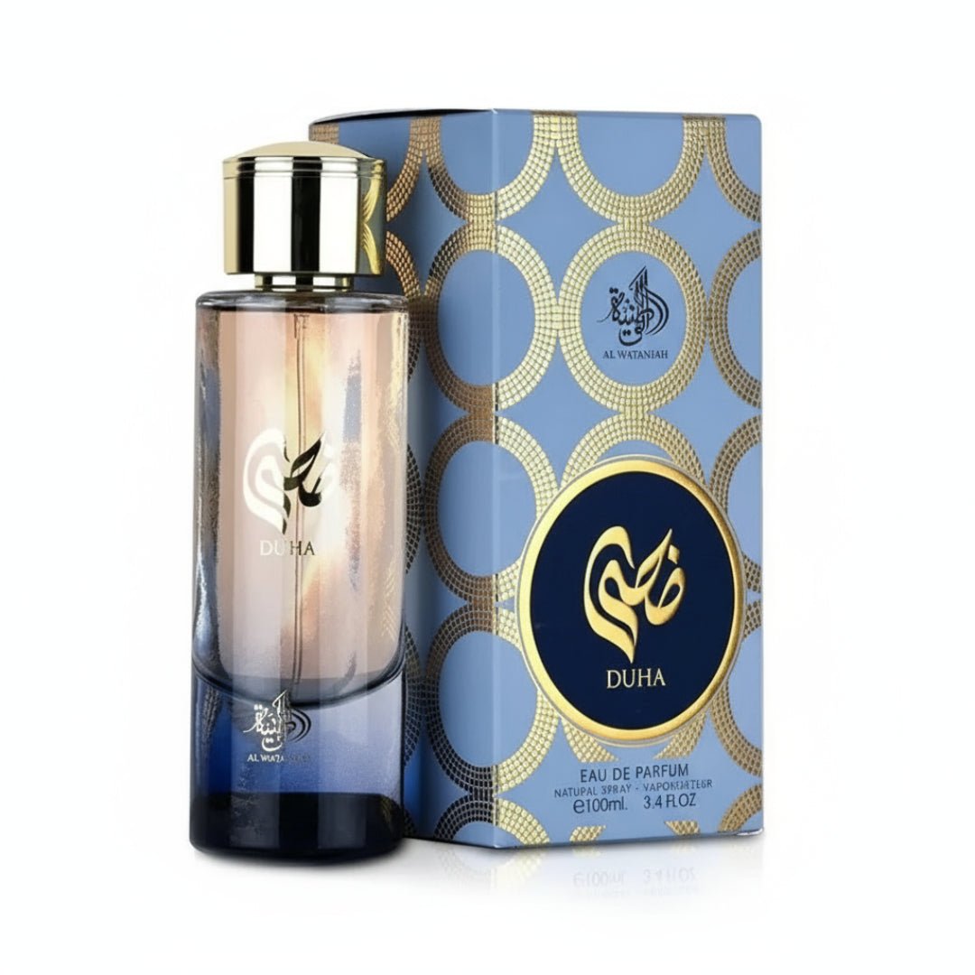 Perfume bottle and packaging with 'Duha' branding on a white background