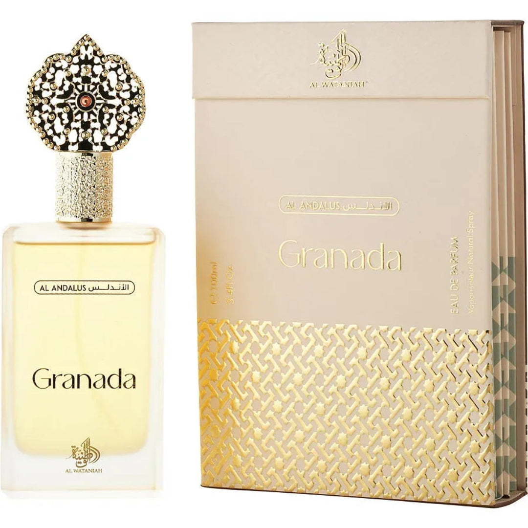 Perfume bottle and packaging of 'Granada' by Al Andalus on a white background