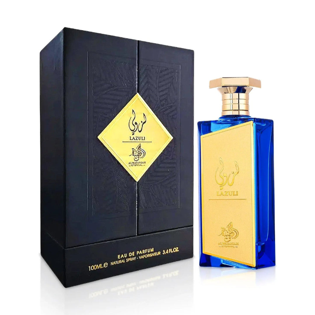 Blue and gold perfume bottle with black box on a white background