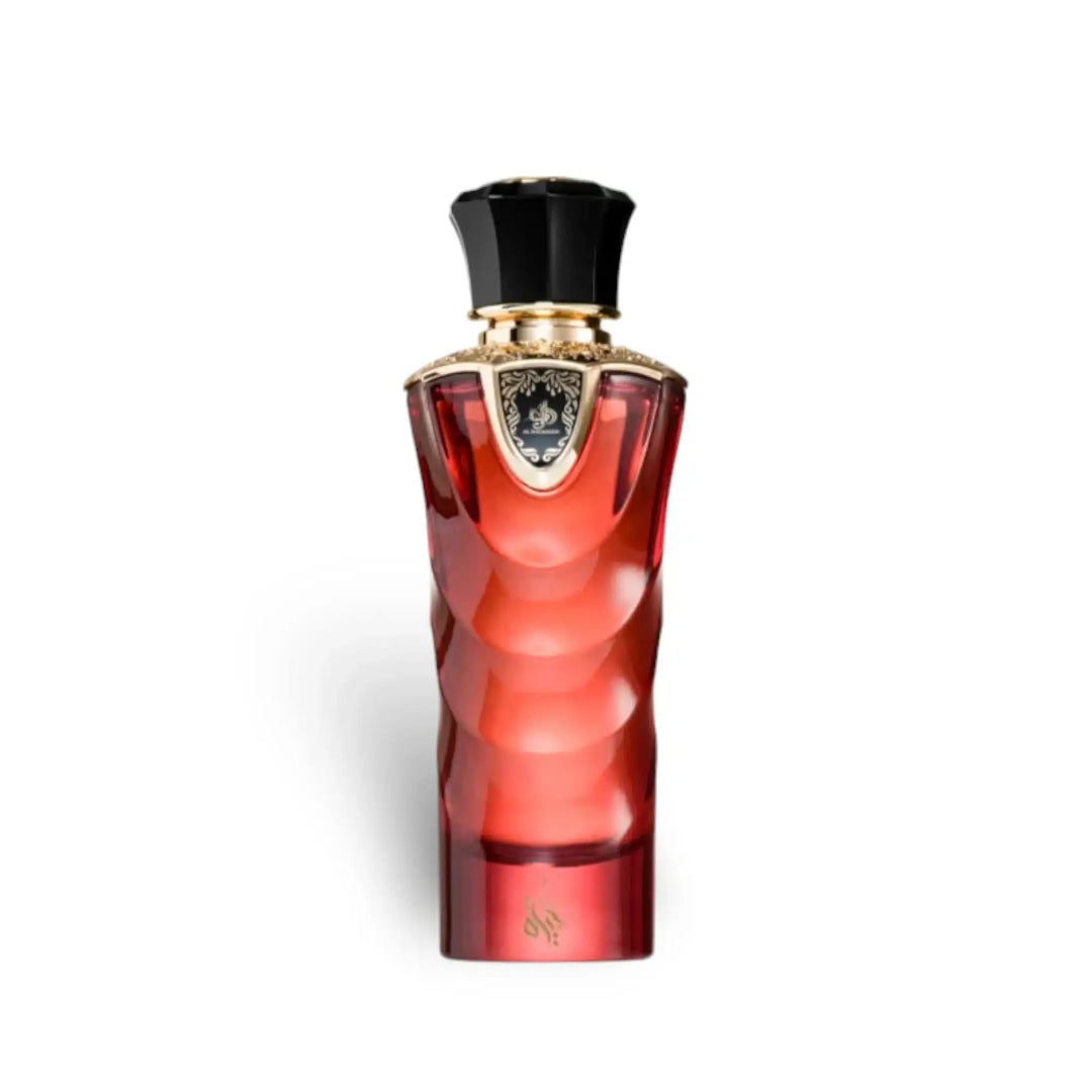 Red perfume bottle with black cap on a white background