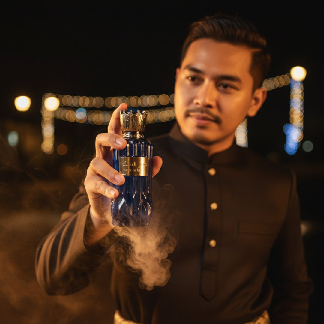 lelaki melayu memegang kenz al malik bawah lampu malam