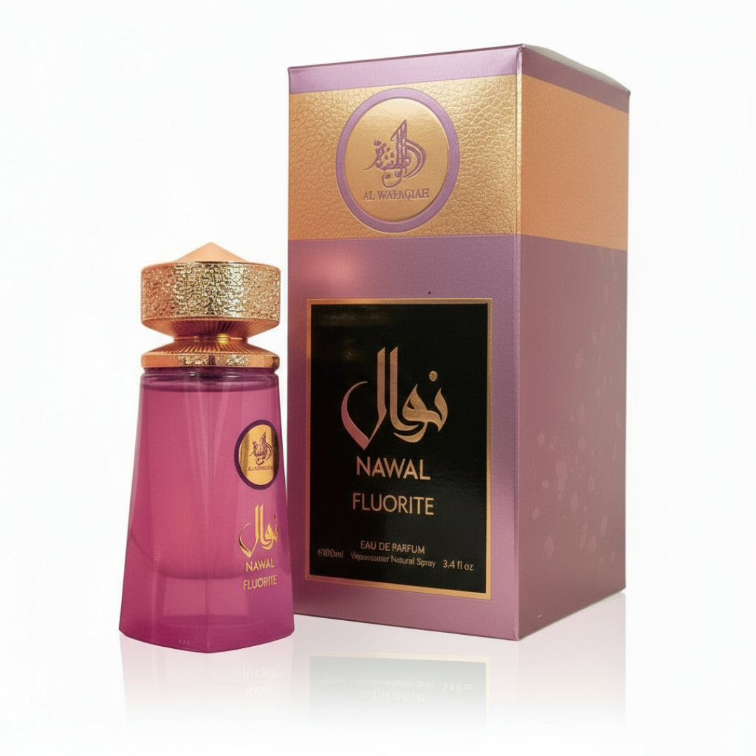 Box dan botol Nawal Fluorite Al Wataniah fragrance wanita sweet musky vibe feminine Malaysia