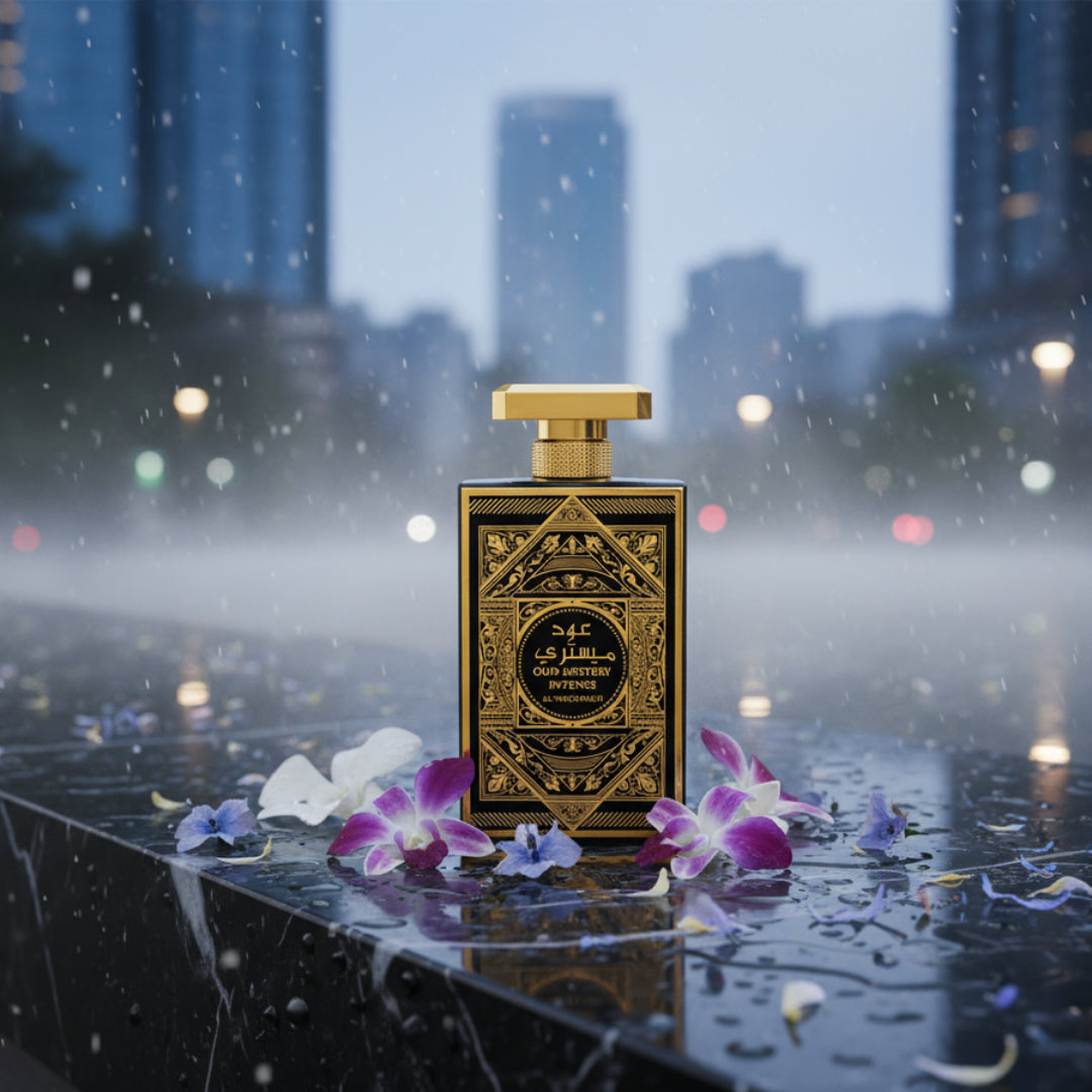 Oud Mystery Intense Perfume bottle on rain-wet marble with orchid petals and soft city reflection &ndash; feminine sweet fragrance Malaysia”