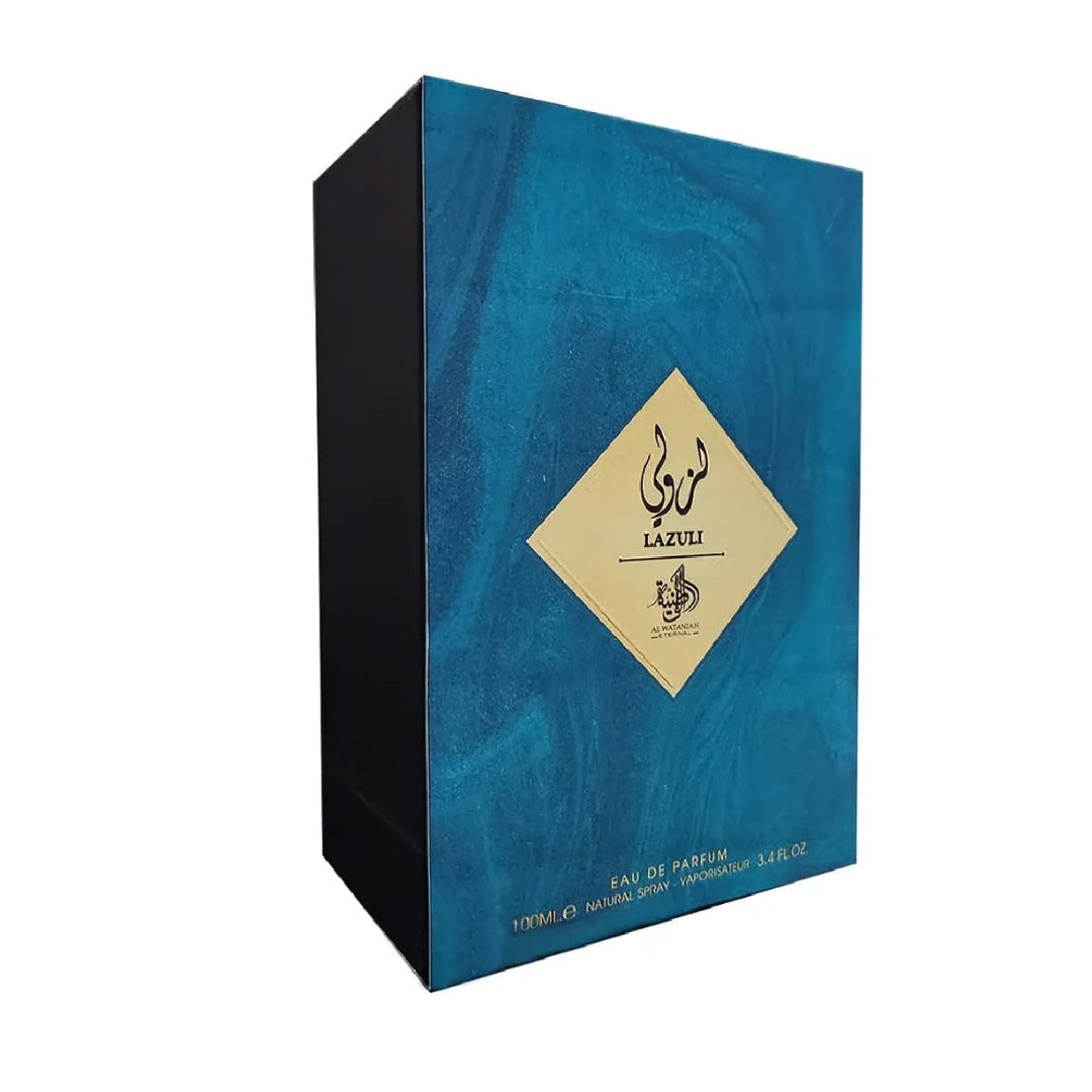 Blue and black box with a gold label featuring a logo and text on a white background